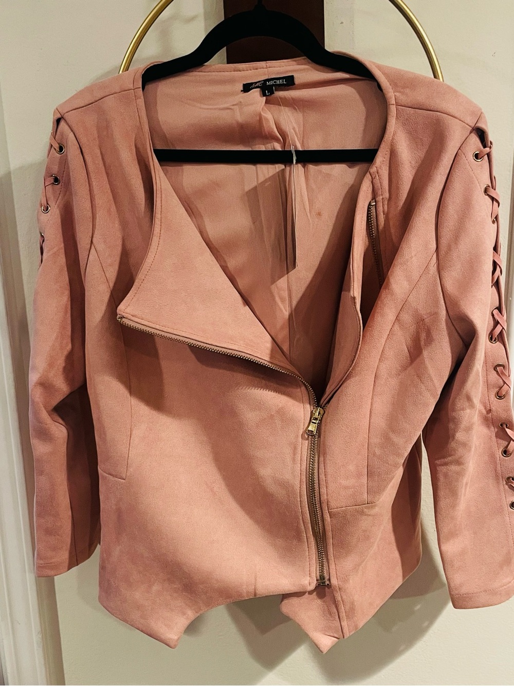 Michele Dusty Pink Lace-Up Sleeve Suede Moto Jacket
